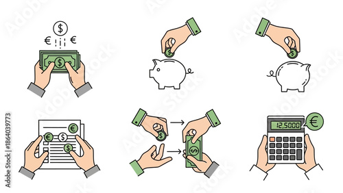 Financial transactions and money management concepts in a set of six illustrations.