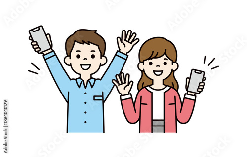 スマートフォンを持って、笑顔で手を振る男性と女性の上半身ベクターイラスト素材セット＿カラー