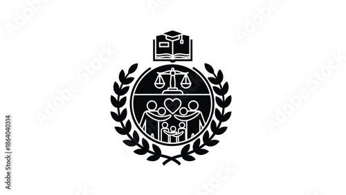 A detailed depiction of a crest featuring academic legal and community elements within a laurel wreath border