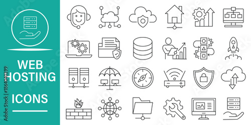 Web Hosting line icon set. Contains icons as cloud computing, website, server, browser, domain, cyberspace, and more. Simple web icons set.