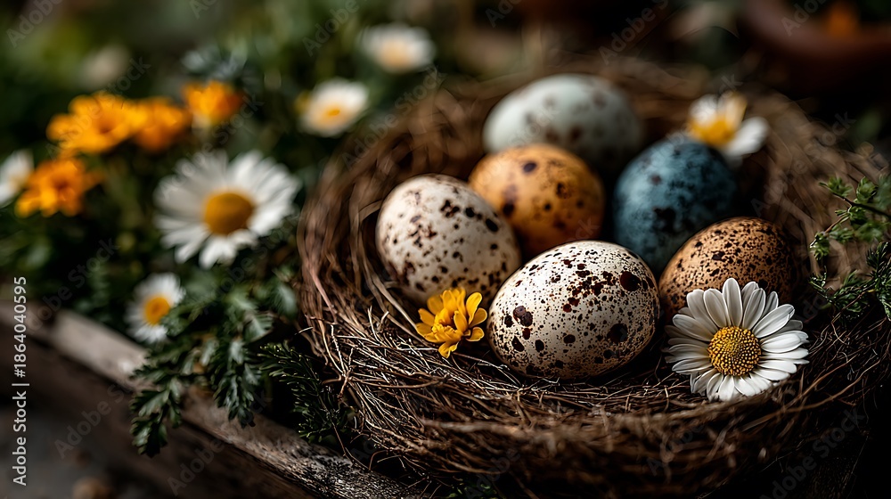Obraz premium Bird's nest with speckled eggs and daisies on a wooden surface quail eggs