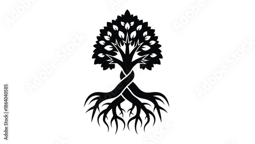 A striking black and white illustration of a tree with intertwined roots and a dense rounded crown