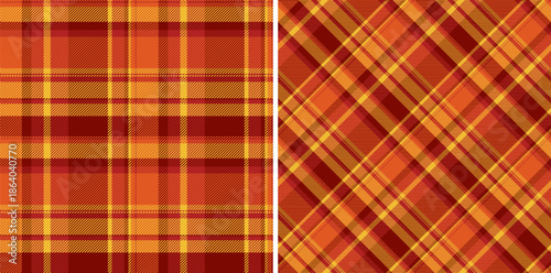 Two seamless plaid patterns in warm autumn colors, evoking cozy vibes. Ideal for textiles, backgrounds, or designs needing a traditional, rustic touch. Versatile.