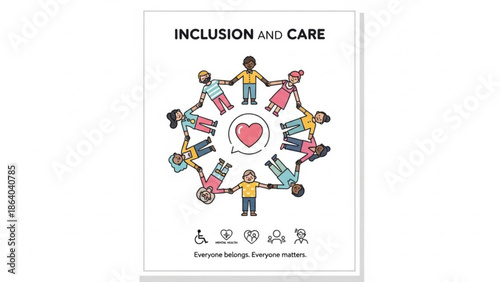 Diverse group of people holding hands in a circle around a heart symbolizing inclusion and care with icons representing diversity and belonging perfect for social justice campaigns