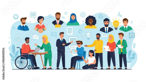 Diverse team collaborating on ideas including people with disabilities and different ethnicities for business or project planning vector illustration