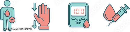 Diabetes care icon set featuring patient blood sugar monitoring hand gesture digital glucose meter and medical syringe symbols.