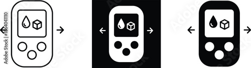 Digital medical glucose meter monitor icon set featuring blood drop and sugar cube symbols for health diagnostic tracking.