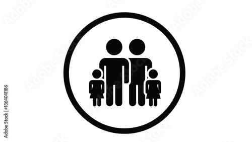 A simple black and white icon depicting a family of five within a circular frame showcasing unity