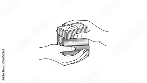 Hands exchanging a stack of dollar bills in a financial transaction.