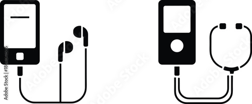 Digital music player icon set with wired earphones and stethoscope medical listening equipment for audio and healthcare designs.