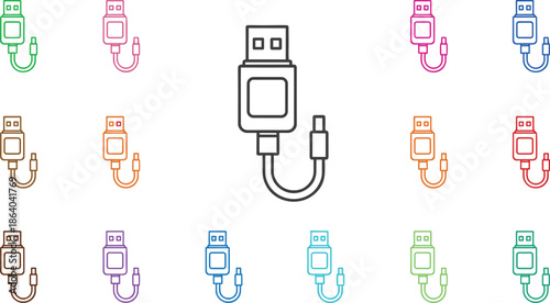 Universal serial bus usb cable charger icon set in various colorful line art styles for technology connection designs.