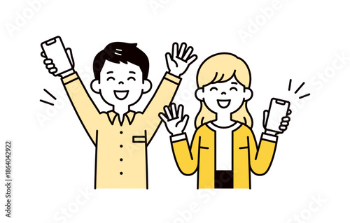 スマホを持って、笑顔で手を振るビジネスパーソンのシンプルな上半身ベクターイラスト素材セット