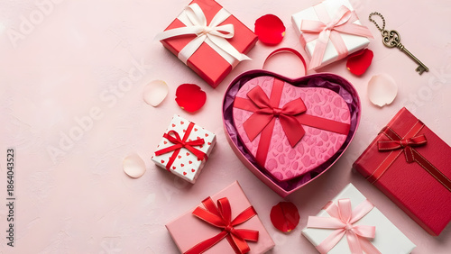 Pink gift box wrapped red ribbon bow with red hearts and confetti on pastel pink background. St Valentines Day holiday concept. Top view, flat lay, copy space.