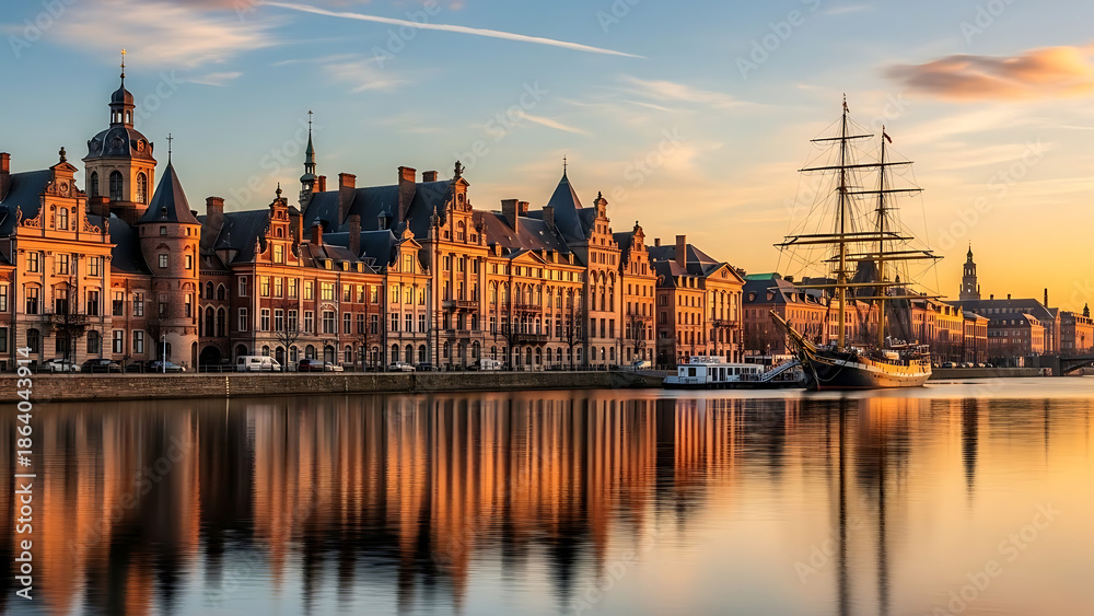 Fototapeta premium Sunset Reflections, Historic Architecture, Waterfront, Photography, Cityscape, Tranquil, Urban Beauty