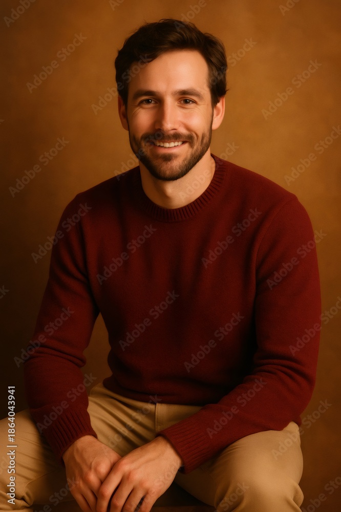 Fototapeta premium Smiling man posing in burgundy sweater and khaki trousers showcasing casual fashion and positive emotion