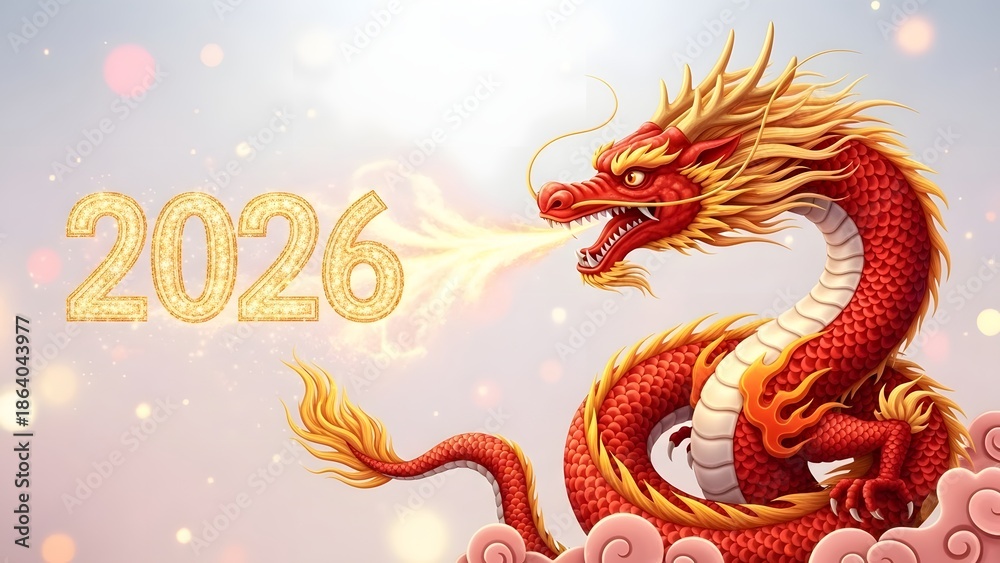Fototapeta premium A red dragon with golden accents and fire breathing with 2026 in gold glittery text on a pink and white background with bokeh