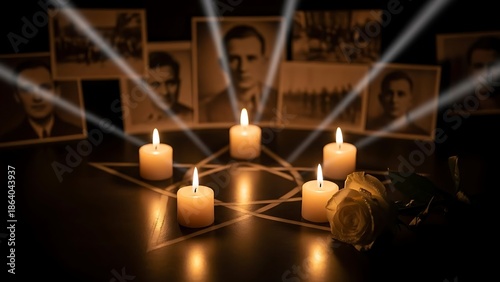 A somber memorial with candles and photographs of holocaust victims on a dark background with beams of light with remembrance and mourning with sorrow