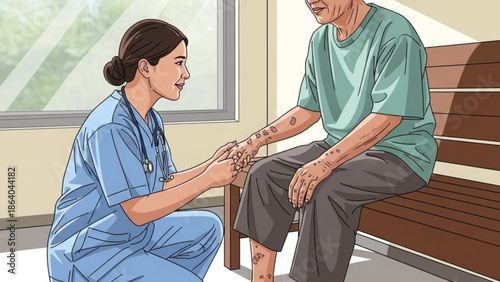 Caring nurse comforting elderly patient holding hands and offering support in a medical setting illustration for healthcare and senior care concepts