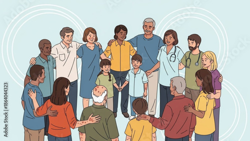 Diverse group of people including families and medical professionals standing together in unity and support representing community and healthcare