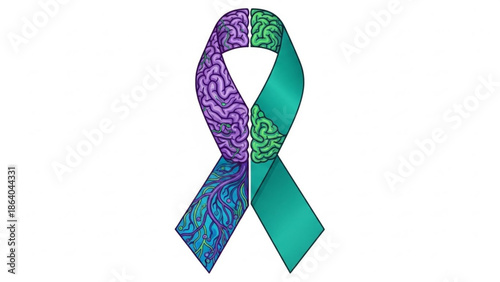 Mental health awareness ribbon split design with brain illustration and teal color symbolizing support and understanding for psychological conditions