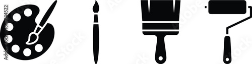 Art and painting tool icon set featuring a paint palette, fine tip brush, wide brush, and roller.