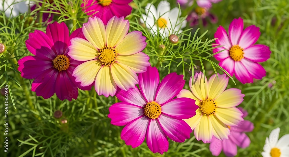 Fototapeta premium Vibrant Cosmos Flowers Blooming in a Lush Green Garden.