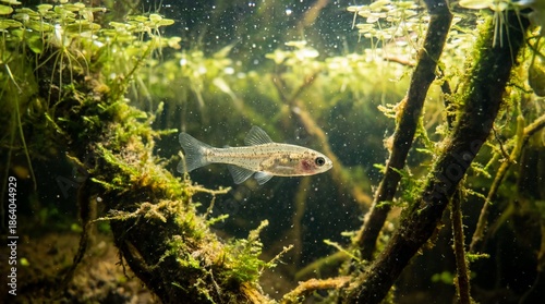 Small Aquatic Fish Swimming Among Lush Green Plants and Sunlight in Underwater Ecosystem
