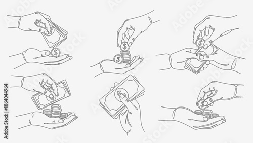Collection of Hand Gestures Illustrating Financial Transactions and Money Handling.