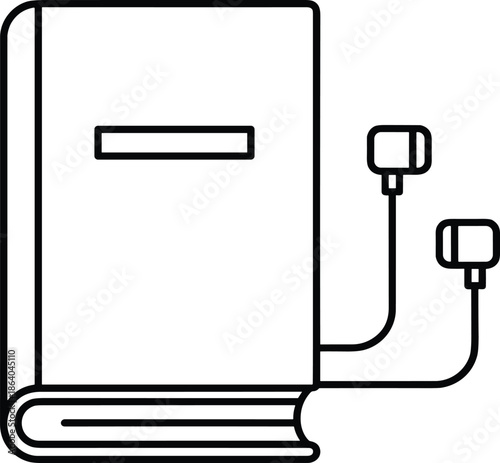 Line art illustration of an audiobook featuring a hardcover book with connected earbuds for digital learning.
