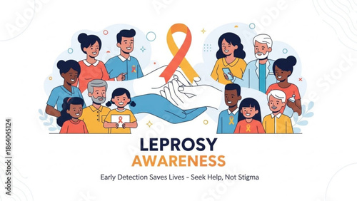 Leprosy awareness illustration with diverse people and orange and yellow ribbon concept for early detection and seeking help vector art
