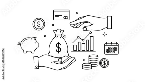 Financial Growth and Investment Management Line Art Illustration.