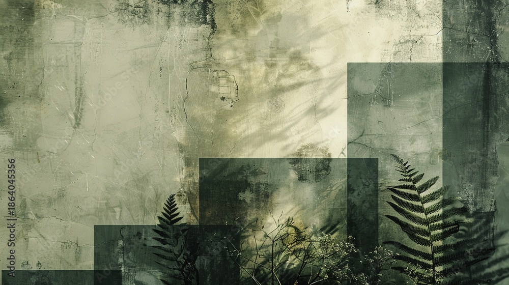Obraz premium Abstract composition featuring ferns and textured green background with overlapping panels