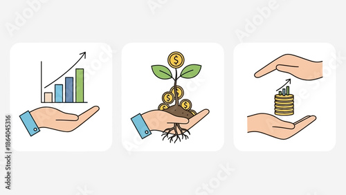 Set of three illustrations depicting financial growth and investment concepts.