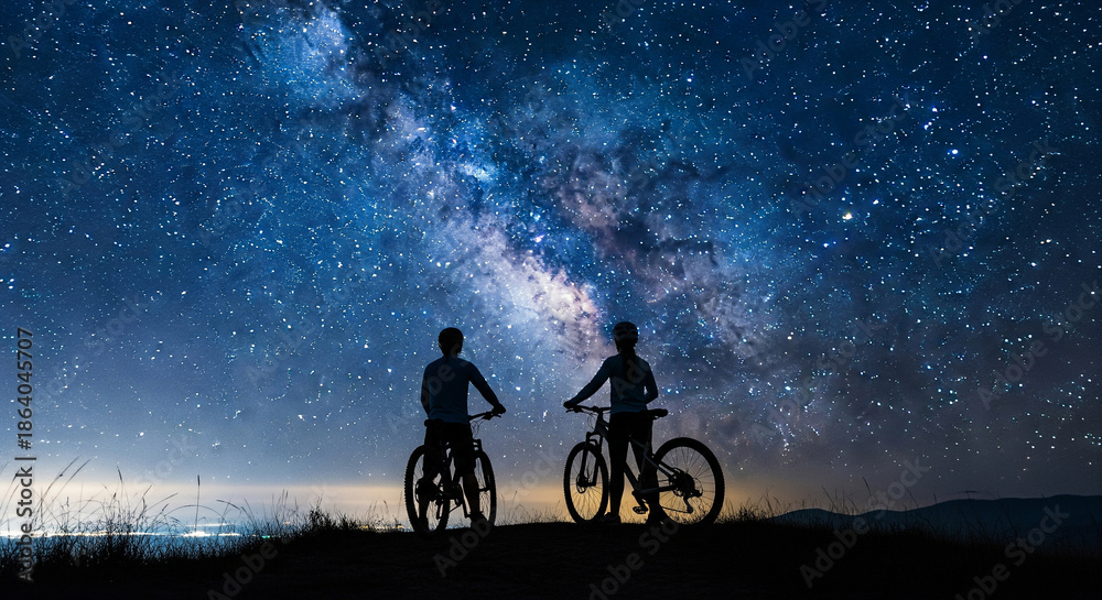 Fototapeta premium Silhouetted cyclists gaze at breathtaking starry night sky