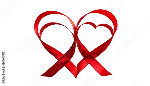 Two red ribbon hearts intertwined on a black background, representing love and awareness