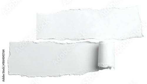 Torn white paper strips overlapping, one with a curled edge, isolated on black