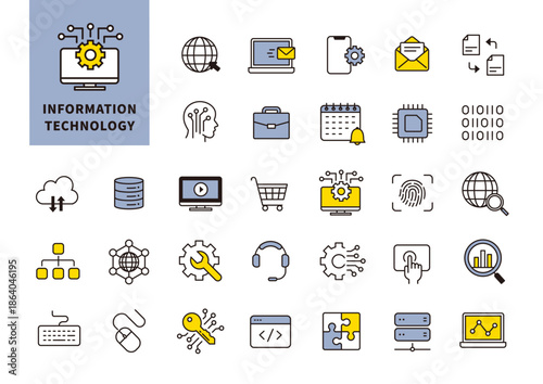 情報技術やデジタル業務を表すIT・システム系フラットアイコンセット