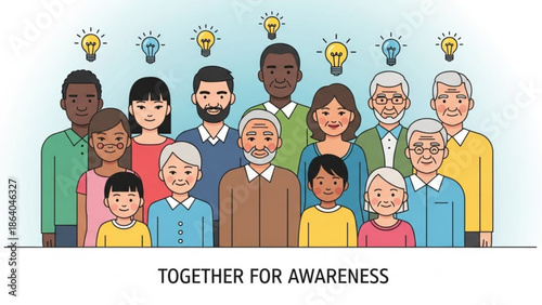 Diverse group of people with light bulbs above their heads representing ideas and collaboration perfect for business concepts and teamwork