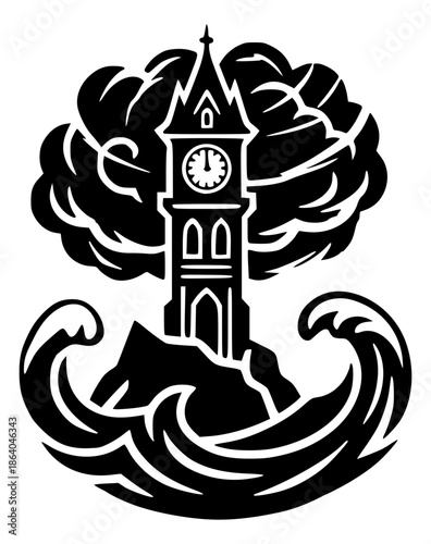 A black and white, stylized illustration depicting a tall, gothic-style clock tower situated on a rocky outcrop amidst a swirling, turbulent sea and sky