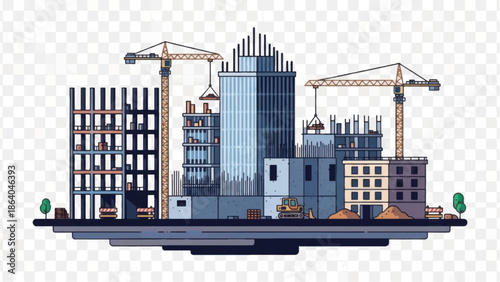 Modern cityscape with skyscrapers and construction cranes