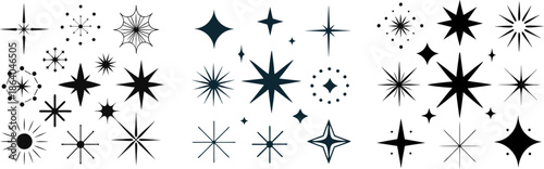 graphic pack, star highlights, shiny elements, flash icons, visual effects, embellishment icons, web design elements, star clipart, decorative accents, graphic symbols, minimal vector icons, monochrom