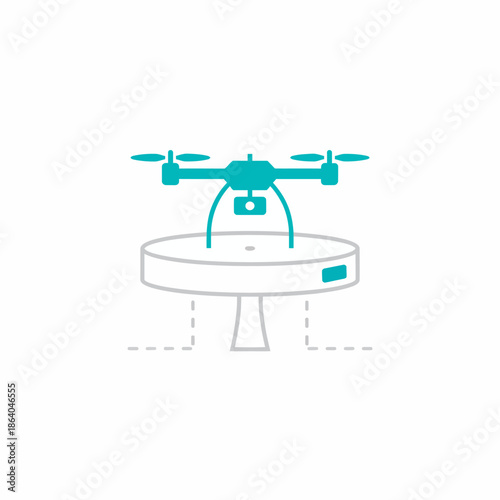 Drone hovering above a circular docking station or platform on a stand