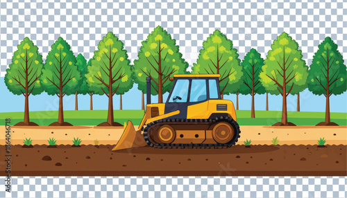 Bulldozer clearing land for construction in wooded area
