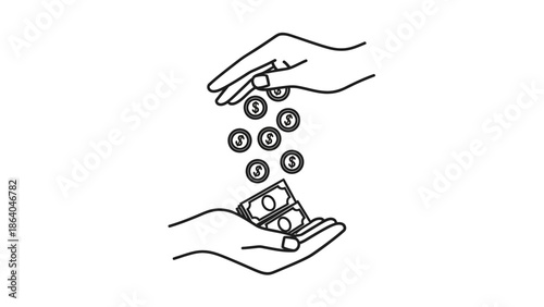 Hands exchanging coins in a simple line drawing illustration.