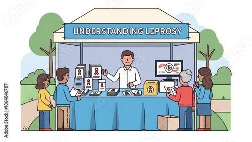 Health education booth explaining leprosy with informative displays and a presenter engaging with visitors for medical awareness and public health campaigns