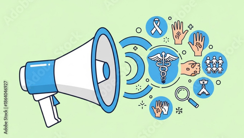 Megaphone announcing health awareness icons medical symbols and community support for healthcare campaigns flat vector illustration on light green background