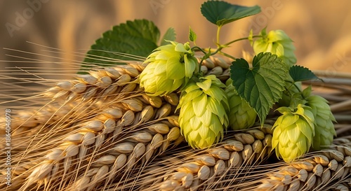 Close-up of wheat and hops, ingredients for brewing beer.