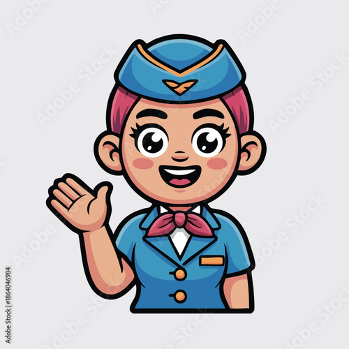 A cartoon illustration of a happy female flight attendant with pink hair wearing a blue uniform and hat, waving cheerfully.
