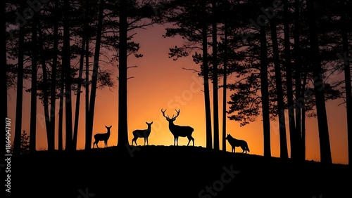 Deer silhouettes at sunset in forest