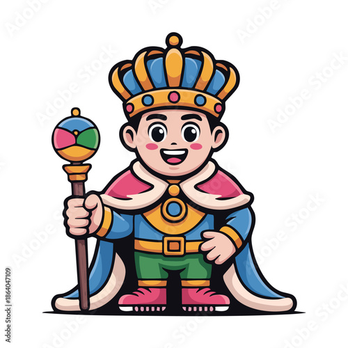 Cute cartoon king character with a golden crown and blue cape holding a colorful scepter, smiling cheerfully.